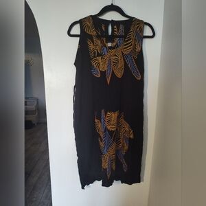 Black Sleeveless Dress with Leaf Pattern Handmade In Indonesia Size M #329